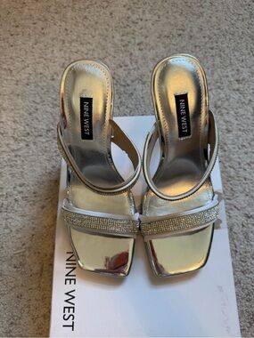 Nine West Silver Rhinestone Strappy Stiletto Heels – Size 6.5